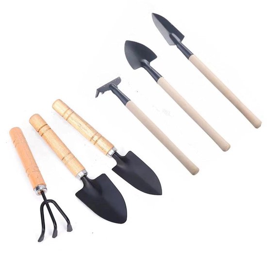 Dailygoods- Tuinieren Tool Set Mini - 2x Hark/Spade/Schep - Lichtgewicht - Roestvrij Staal - Houten Handvat - Voor Indoor/Outdoor Gebruik - Tuingereedschap