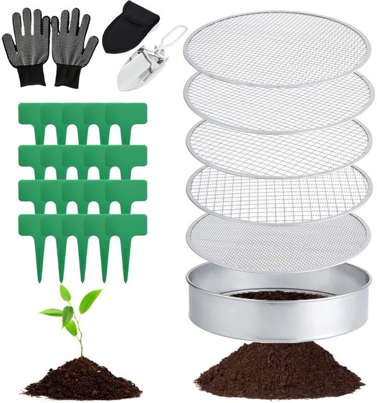 Dailygoods- Tuinzeef 5-in-1 - Ronde Zeef Roestvrij Staal 20 cm - Verwisselbare Zeefinzetstukken Ø 3/6/9/10/12 mm - Inclusief Tuinschep - 20 Plantenetiketten