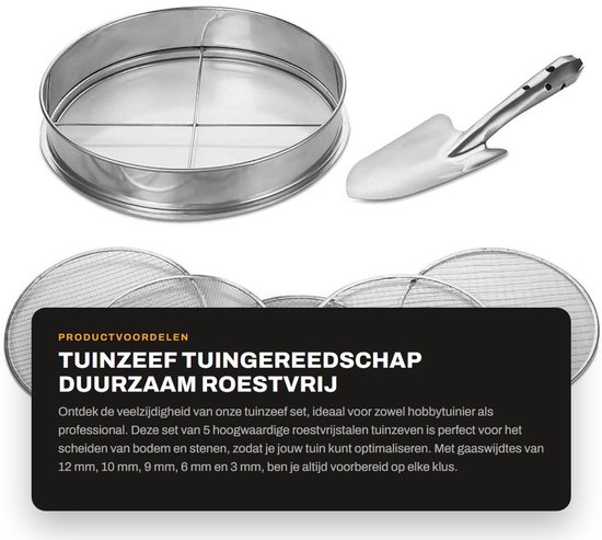 Dailygoods- Tuinzeef Roestvrij Staal Duurzaam - 5 Tuinzeven - Gaaswijdte 3/6/9/10/12 mm - Tuingereedschap - Inclusief Schop - Afneembaar Gaas - Zeef