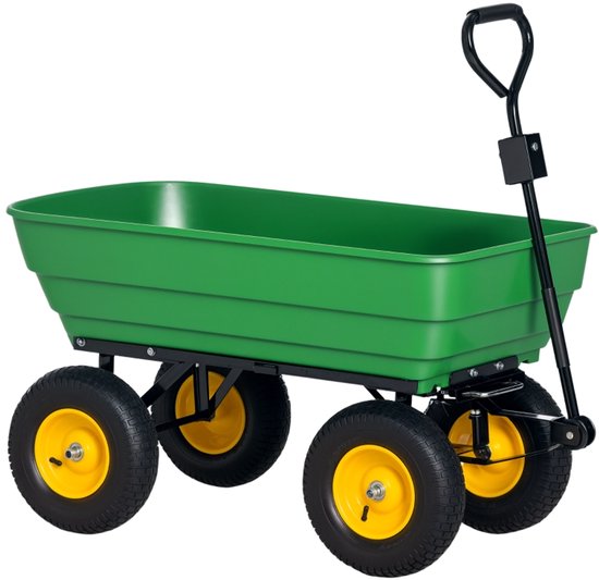 Daity Grote tuinkar van 125 liter, robuuste vierwielige handkar met kantelfunctie, kruiwagen en kiepwagen - groen van Merkloos	