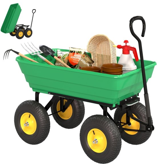 Daity Grote tuinkar van 75 liter, kantelbare handkar, robuuste tuinkiepwagen, laadvermogen van 200 kg, geschikt voor festivals, gereedschap, planten, brandhout, enz. - Groen van Merkloos	