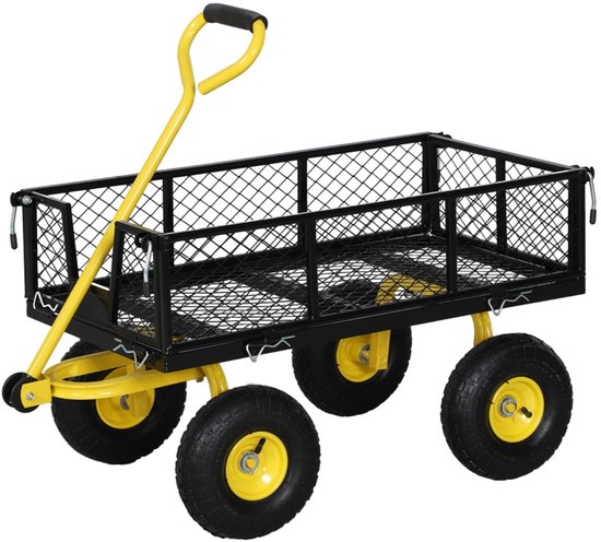 Daity Tuinwagen, vierwielig transportvoertuig, met afneembare zijpanelen die tot een dienblad kunnen worden omgebouwd. Afmetingen: 104 x 54 x 51 cm, zwart met gele strepen. van Merkloos	