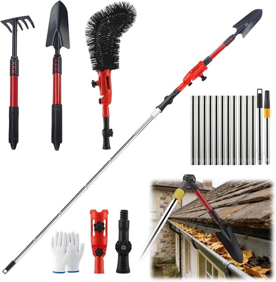 Dakgootreiniger met telescopische steel 4 m - 3-in-1 set met borstel, schoffel en hark - SnelShoppen