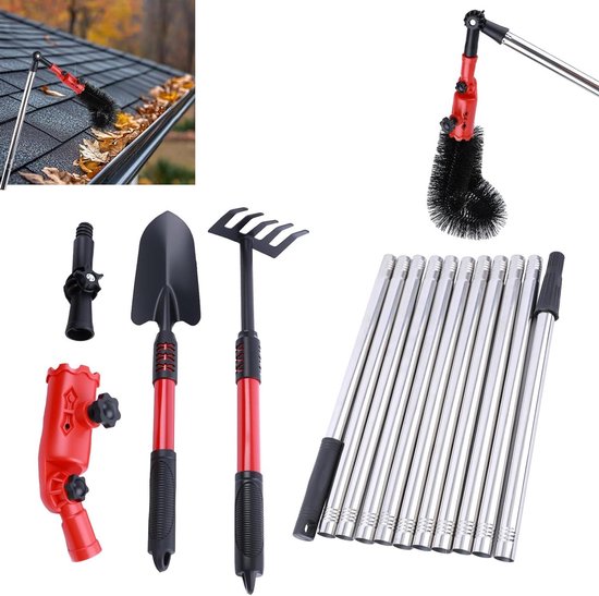 Dakgootreiniger Telescoopsteel - Gootborstel Set - Bladeren Verwijderen - Verstelbare Hoek - 4 Meter - Rood