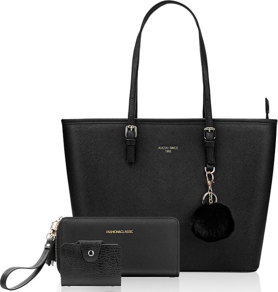 Dames Handtas Draagtassen - Grote PU Lederen Schoudertas - 15,6 inch Lichtgewicht Laptop Draagtas met Ritsvak - Zwarte Designer Damestas voor School, Werk, Reis (Met Portemonnee)