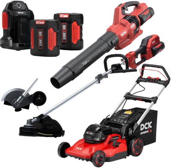 DCK Tools 58V Tuinonderhoud Totaal Actiebundel � Combimotor + Grasmaaier + Bladblazer + Kantensnijder + extra 5.0Ah Accu