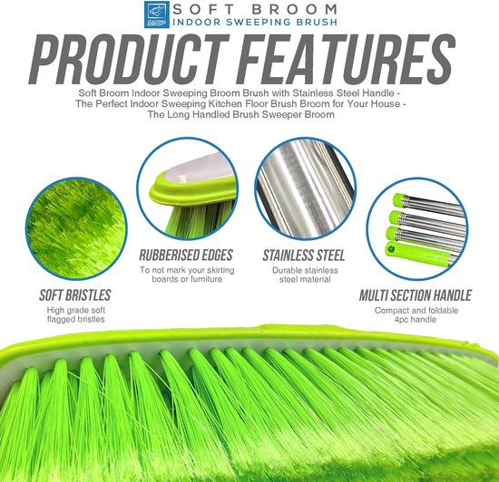 De Bezem en Stofferwinkel Zachte Veger met Roestvrijstalen Handvat voor Binnengebruik - De Perfecte Bezem voor de Keukenvloer van Jouw Huis - De Bezem met Lange Steel (Groen) van Merkloos	