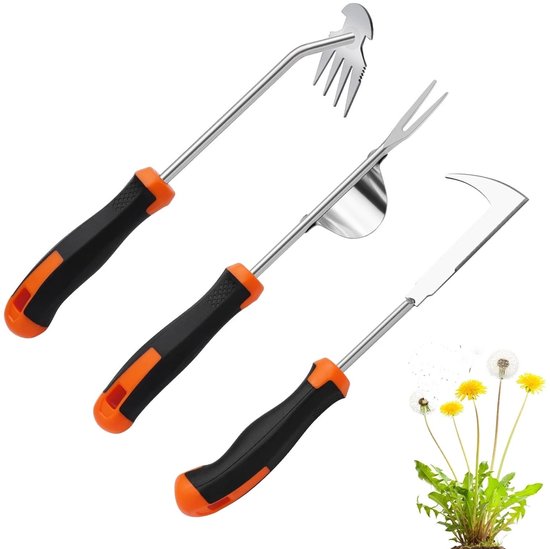 De driedelige onkruidverwijderingsset bestaat uit een gekartelde onkruidsnijder van roestvrij staal, een onkruidsnijder en een onkruidhaak. van Fiskars
