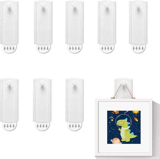 DEANKEJI Adhesive Hooks for Photos, 8 Pieces, White Hooks for Picture Frame, No Drilling, Picture Frame, Adhesive Hooks, Tackless Photo Hooks, Adhesive Hooks Picture, for Bedroom, Living Room, van DEANKEJI
