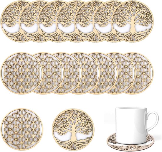 DEANKEJI Coasters 16 Pieces Coasters Diameter 10 cm Wooden Coasters Engraved Pattern Two Styles Flower Coasters for Home Restaurant Bar van DEANKEJI
