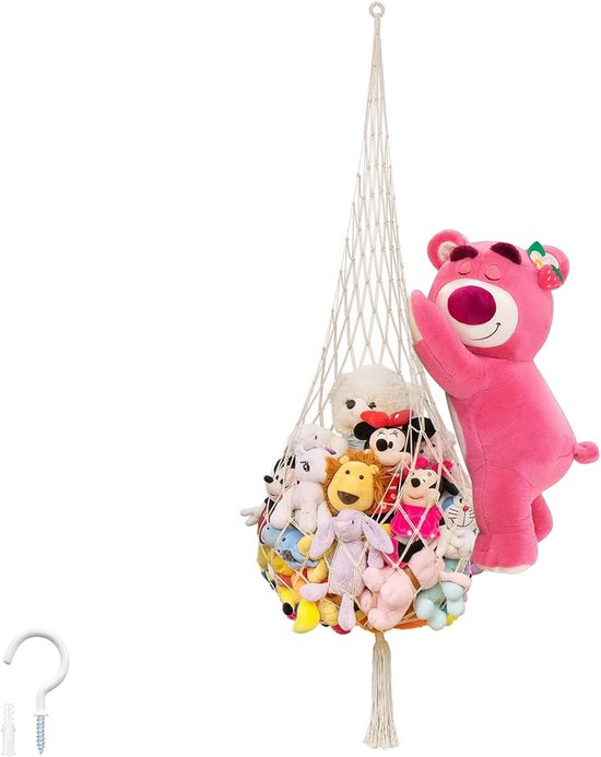 DEANKEJI Knuffeldier hangmat, gevlochten katoenen touw, crèmewit pluche dier, opslag, met haak en expansiebuis voor het opbergen van knuffeldieren, kussens, voetballen van Merkloos	