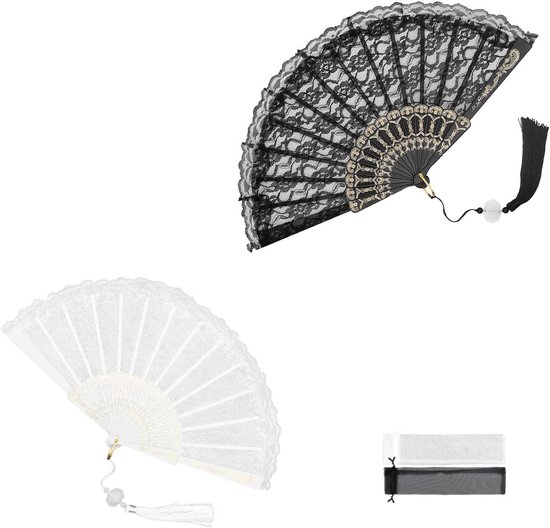 DEANKEJI Pack of 2 Lace Tassel Fan Black White Folding Hand Fan Lace Fan with Pendant for Balls, Parties, Seminars, Weddings van DEANKEJI