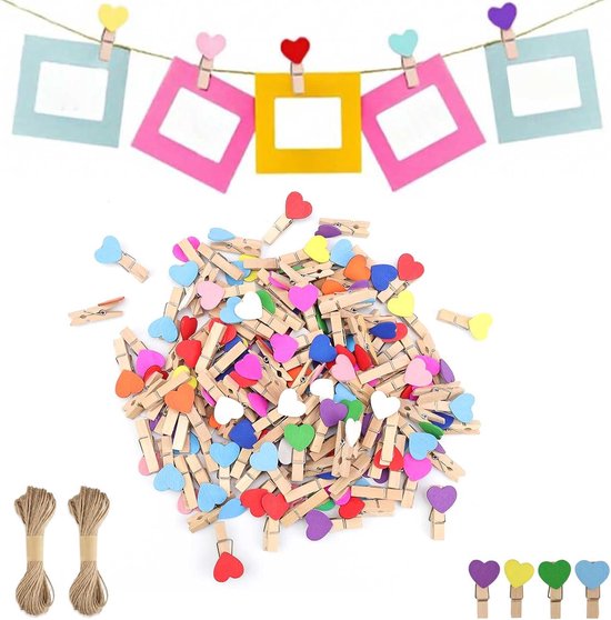 DEANKEJI Photo Clips 130 Pieces, Wooden Photo Clips, Coloured Hearts, Small Clips for Hanging Pictures, Small Wooden Clips with Cord, Mini Clip for Birthday Cards, Photos,