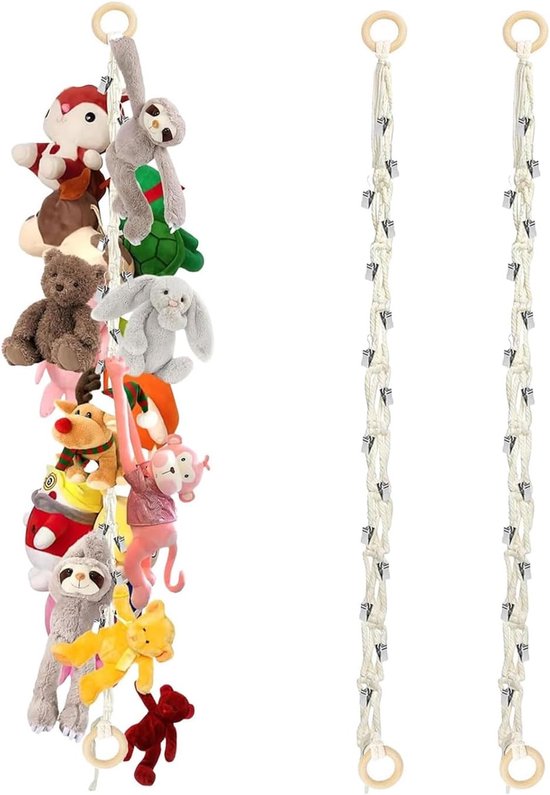DEANKEJI Plush Toy Net for Hanging, 2 Pieces Stuffed Animals, Storage with 2 Wooden Rings and 40 Clips 2 m Plush Toy, for Storage of Stuffed Animals, Photos, Toys van DEANKEJI