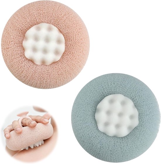 DEANKEJI Sponge for Shower, 2 Pieces, Shower Sponge, Flower Loop Sponge Pink and Cyan, Soft and Skin-Friendly, Suitable for Bathing and Showering