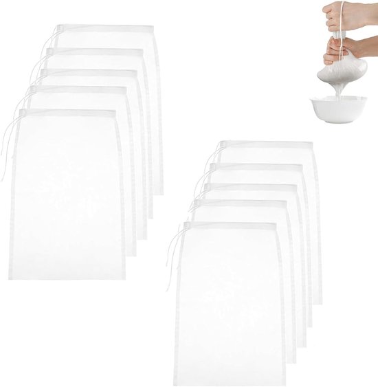 DEANKEJI White Juicer Bag 10 Pieces Nylon Filter Bags with Drawstring Nut Milk Bag Washable for Filtering Soy Milk, Milk, Juice, Vegetables van Merkloos	