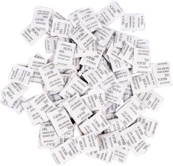 Desiccant zakjes voor vochtabsorptie, 100 stuks x 1 g, silica gel sachets tegen schimmel en geuren, ideaal voor dehumidificatie en bescherming van goederen