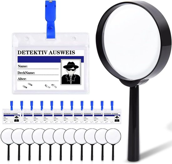 Detective set voor kinderen - 12 stuks vergrootglas en detective-identiteitskaarten - uitrusting voor outdoor onderzoekers en rollenspel van Merkloos	