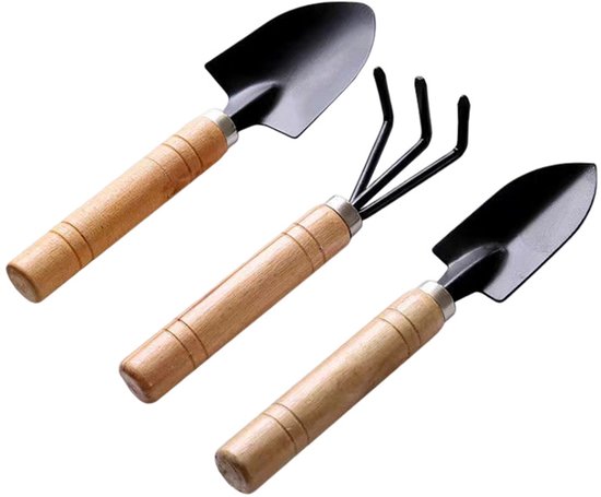 Deze 3-delige mini-tuingereedschapset bevat een schep, een spade en een hark met ergonomische houten handvatten, waardoor hij ideaal is voor het planten, wieden en omspitten van de grond.