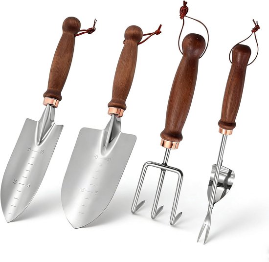 Deze 4-delige tuinschepset bevat een schep met houten steel, handgereedschap, een plantschep, een hark en een wortelschep, perfect Geschikt voor graven en planten.