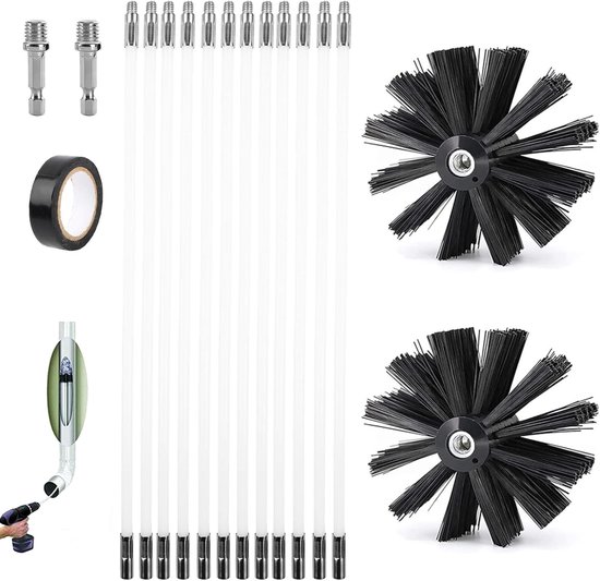 diameter 150 mm, schoorsteenborstel en kachelpijpborstel met 12 flexibele stangen, elk 410 mm en 2 borstelkoppen, nylon reinigingsborstel voor open haard, buizen en droger