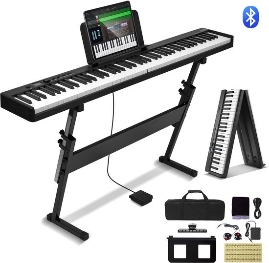 Digitale Piano - Elektrische Piano - 88-Toetsen - Opvouwbaar - Bluetooth Keyboard Midi - Met Standaard - Digitaal Led-Display - Wit & Zwart van FlexiSounds