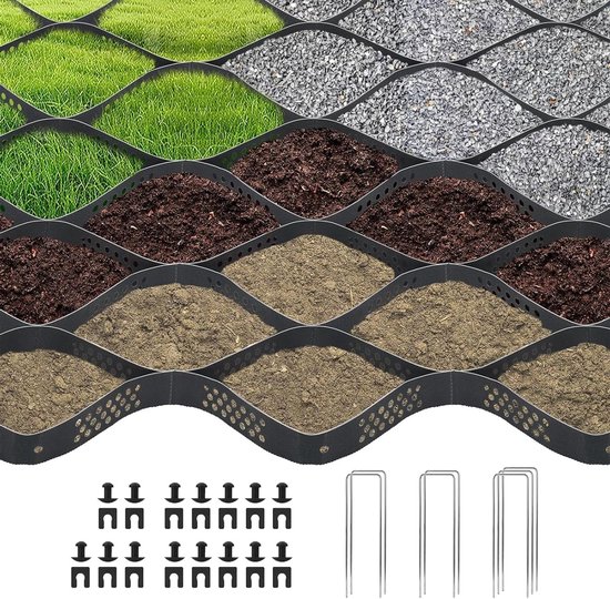 Dikke Grind Grondrooster 3m x 5m voor Grind en Gras, Ideaal voor Opritten, Tuinen en Bestrating met 7 Steunen (Zwart)