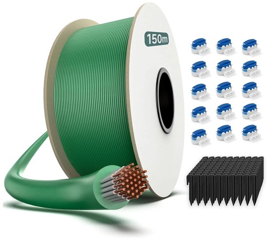 DIMICO - Perimeterdraad grasmaaier - Begrenzingskabel robotmaaier - Groen - Universeel - 150M - 450 pinnen + 15 connectoren van Merkloos	