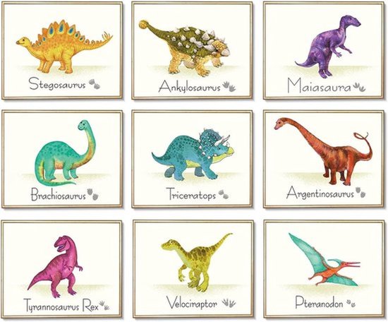 Dinosaurus muurkunst - 9 stuks - dinosaurusposter - wandstickers met foto's - zonder lijst - verjaardagscadeau - voor kinderkamerdecoraties - kleurrijke muurdecoratie