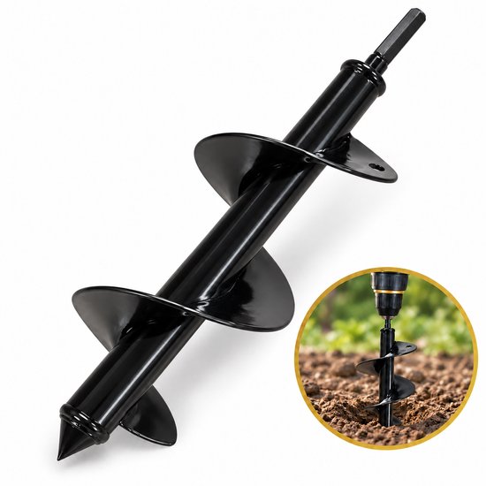 DIVERZA Grondboor / Plantgatboor – Zeskant 10 mm – Spiraalboor voor Boormachine – 25 × 8 cm – Zwart