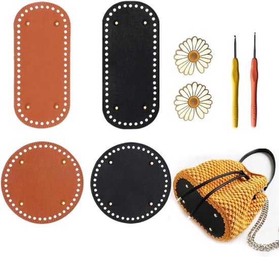 DIY Breitas Zakbodem 4 stk. Leren Tassenbodem Zwart-Bruin met 2 Haaknaalden + Accessoires voor Gebreide Schoudertassen-Haken Starter Kit van Merkloos	