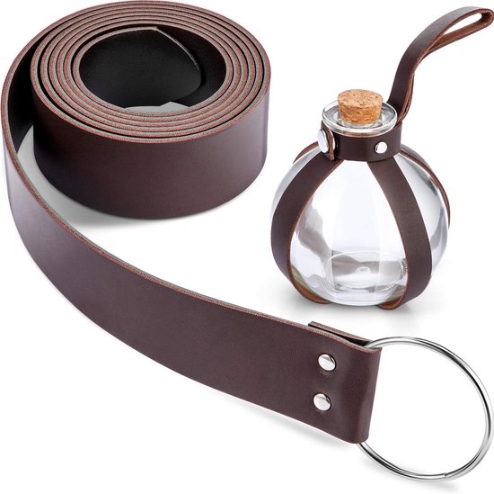 Donkere magische kurkdrankfles - Halloween ronde bolvormige heldere glazen fles met middeleeuwse ridder lederen riem - grote fles voor kostuumrekwieten en decoratieve ambachten - 200 ml van Merkloos	