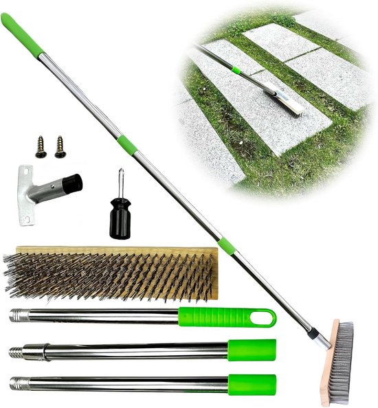 - Draadbezem met steel 160 cm - Afneembare stalen bezem voor mos, met steel - Tuinbezem draadborstel mosverwijderaar voor straatstenen en terras van Kinzo Garden
