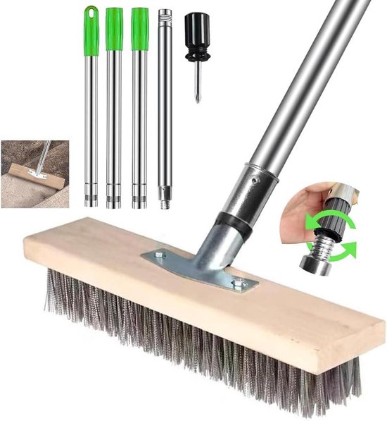 Draadbezem met steel 170 cm - voor het verwijderen van mos en onkruid op terras - stalen bezem met draadborstel 30 cm van Merkloos	