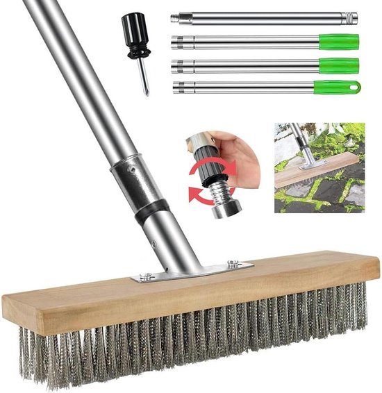 Draadbezem met steel 170 cm voor onkruid draadborstel 30 cm staaldraadbezem voor straatstenen mosverwijdering algen aan douche muur garage binnenplaats terras mos van Bellson