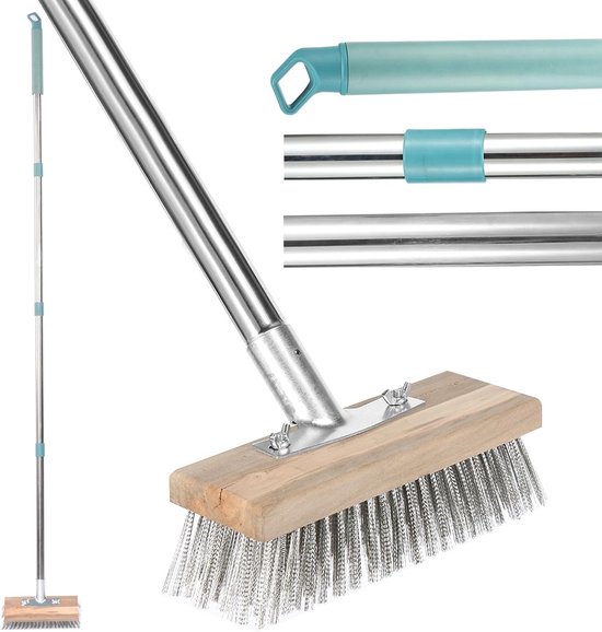 Draadbezem met steel - Onkruidborstel schrobber - Terras reinigen - Verstelbare telescoopsteel - 175 cm - Houtkleurig
