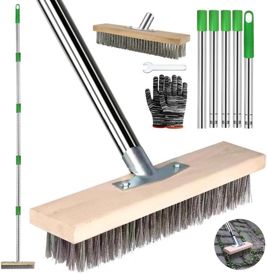 Draadbezem met steel - Stalen bezem borstel - Mos en onkruid verwijderen - Extra lange steel - 30 cm werkbreedte van Merkloos	