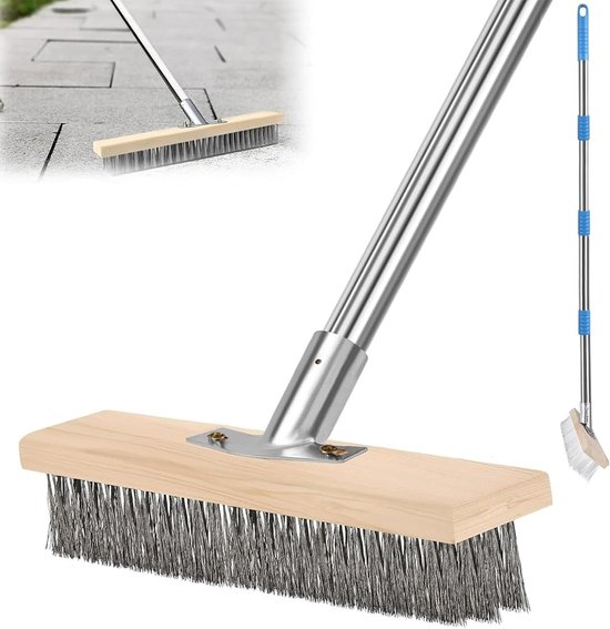 Draadbezem met steel voor het verwijderen van mos en onkruid - Robuuste bezem van staaldraad 165 cm - Geschikt voor algen en hardnekkige vervuiling van Merkloos	