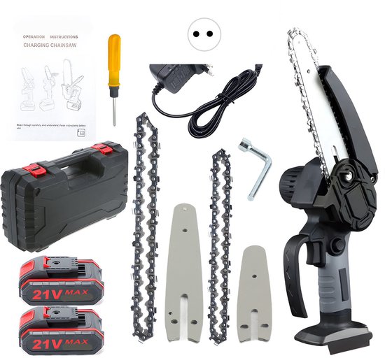 Draadloos Mini Kettingzaag – 4"/6" 21V Accu Elektrische Boomzaag met 2 Accu’s & Koffer –Handzaag voor Snoeien & Houtzagen– Takkenzaag –Handzaag – Boomzaag– 500W – Zwart van Merkloos	