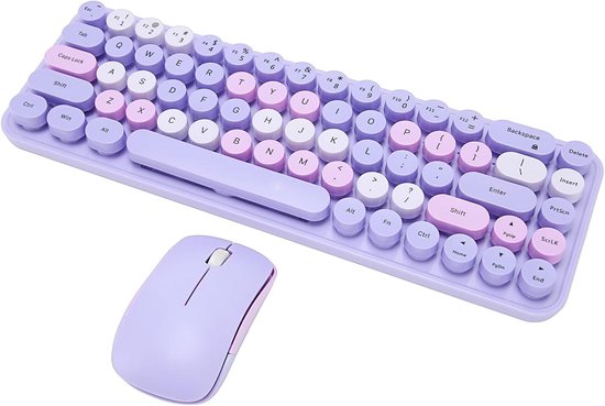 Draadloos Toetsenbord en Muiscombo - 2,4 GHz - 68 Toetsen - Retro Kleurrijk Draadloos Toetsenbord met Schattige Ronde Keycaps - voor 10/11 - voor 8 - voor 7 - voor OS X Laptop - Paars Thema - Ergonomisch Ontwerp van Merkloos	