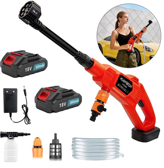Draadloze 18V hogedruk reinigingsgun, 6‑in‑1 spuitkop, complete set met 2 × 3000mAh accu’s, 5‑m waterslang, schuimfles en EU‑oplader voor auto‑ en tuinreiniging