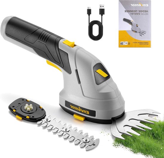 Draadloze 2-in-1 Heggenscharen en Gras Schaar, 7.4V 2000mAh Oplaadbaar via USB-C, Inclusief 2 Bladen voor Heggen, Struiken en Gazonranden