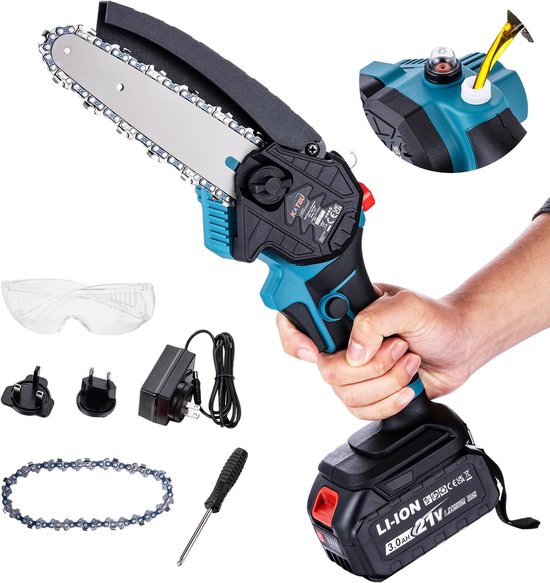 Draadloze 6 Inch Kettingzaag met 3,0 Ah Accu en Oplader - Voor het Zagen van Hout en Takken van Merkloos	