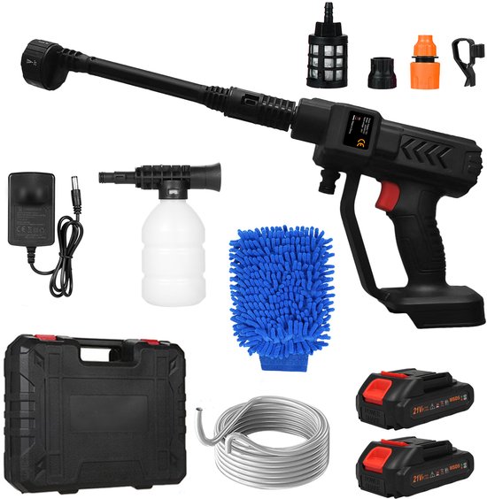 Draadloze Accu Hogedrukreiniger 35 Bar – 21V – 2x 8000mAh – 6-in-1 Spuitkop – Incl. Schuimfles & Gereedschapskoffer – Voor Auto, Fiets, Tuin, Terras & Ramen – Zwart van Merkloos	