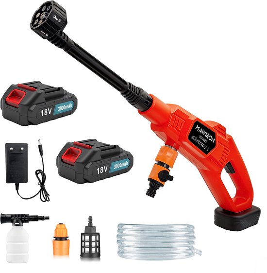 Draadloze autoreiniger op 18V-accu, draagbare handreiniger met een druk van 1000 PSI, inclusief 6-in-1 mondstuk en 5 meter afvoerslang voor terras, autovloer, schutting, veranda en binnengebruik.