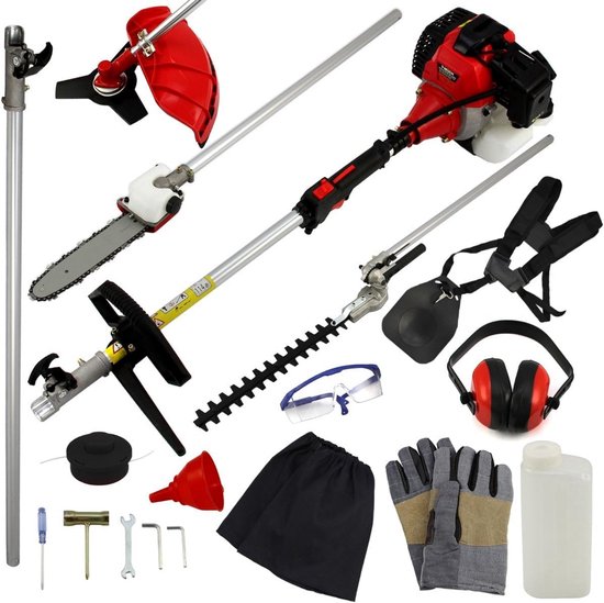 Draadloze Benzine Tuin Multitool 5-in-1 met Lange Steel: Heggenschaar, Kettingzaag, Strimmer