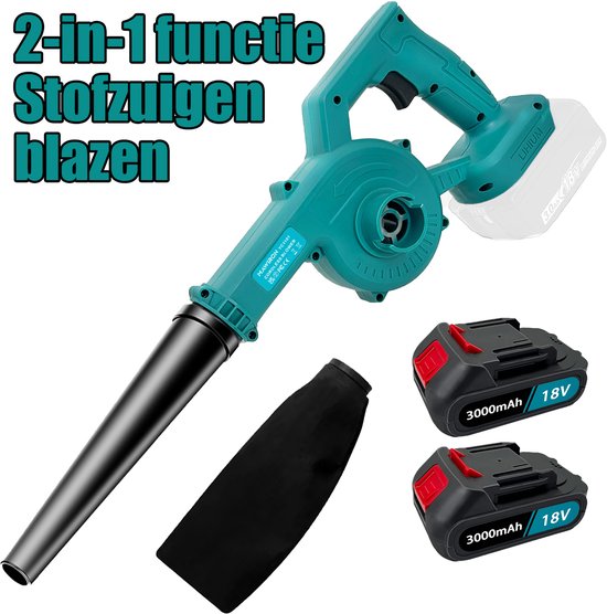 Draadloze bladblazer, 15000 tpm, elektrische bladblazer met 2 x 3,0 Ah accu's en oplader, instelbare snelheidsstanden, krachtige blazer voor gazononderhoud, terras, stof en het wegblazen van bladeren. van Merkloos	
