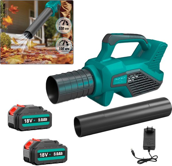 Draadloze Bladblazer 18V Borstloze Motor Variabele Snelheid Bladblazer met 2 Accu's en 2 Verlengbuizen, Voor Tuinbladeren, Sneeuw en Werkplaatsstof Verwijderen