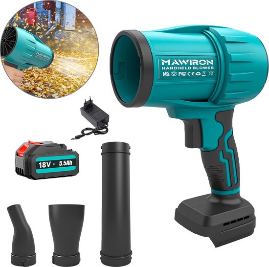 Draadloze bladblazer – 980.000 RPM – Met 5,5Ah accu en lader – Lichtgewicht – Voor terras, gazon, bladeren en stof – Zwart