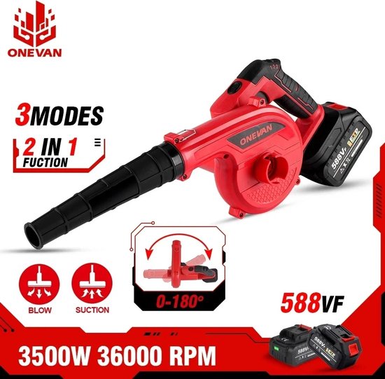 Draadloze bladblazer - blaas en zuigfunctie - Elektrische Luchtblazer - Sneeuwblazer - 3500W - 9000 mah - 2x batterijen - opvangzak - rood van Merkloos	